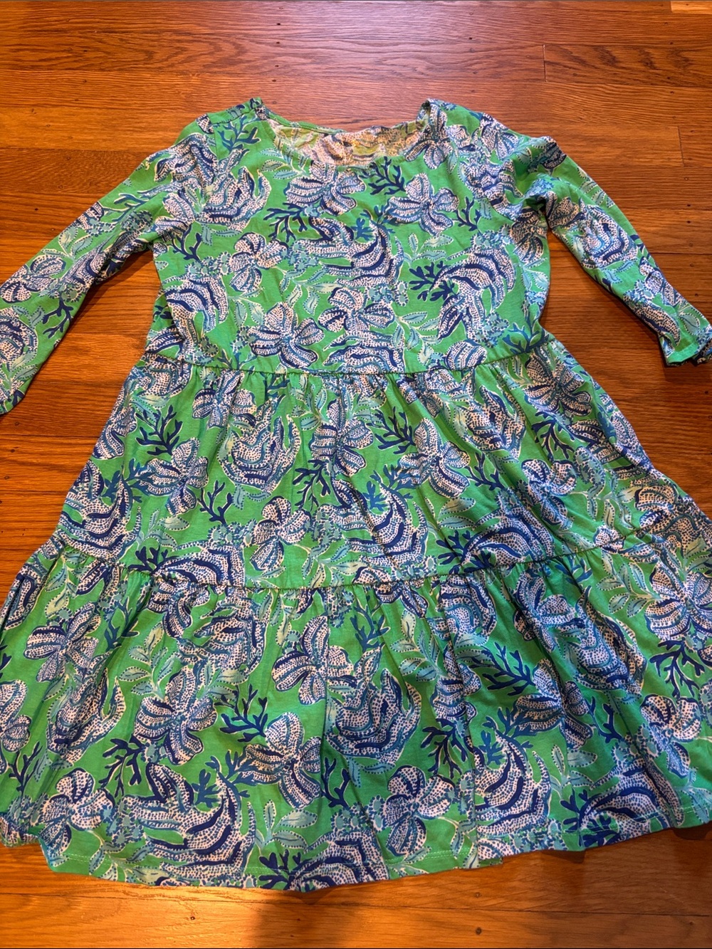 Lilly Pulitzer Green Floral Tiered Dress with Blue & White Print